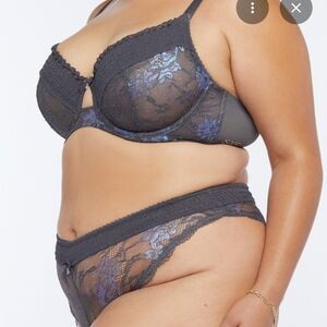 Savage X Fenty Black Lace Bra & Bikini Set with Blue Floral Embroidery